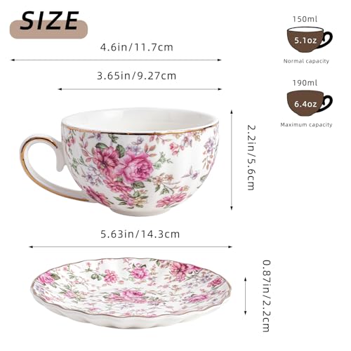 Agyiuns White Floral Tea Cups & Saucers Set - 6.4oz Porcelain Gold Trim, Elegant Gift