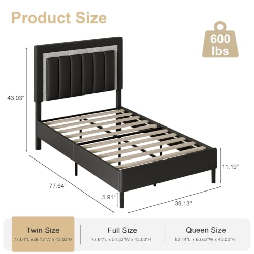Twin Size Upholstered Platform Bed Frame with Diamond Tufted Headboard, Black