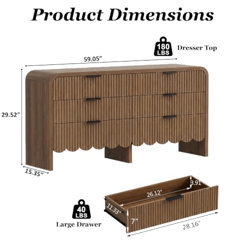 YMW Walnut Scalloped Dresser with 6 Drawers, 15.4"D x 59.1"W x 29.5"H Bedroom Storage
