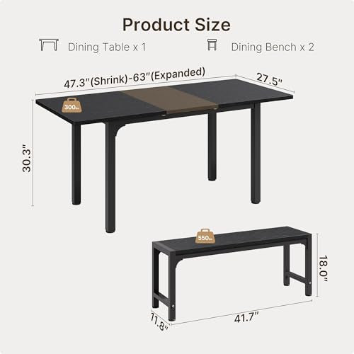 Ahomly 63" Extendable Dining Table Set with 180° Flip Leaf - Black