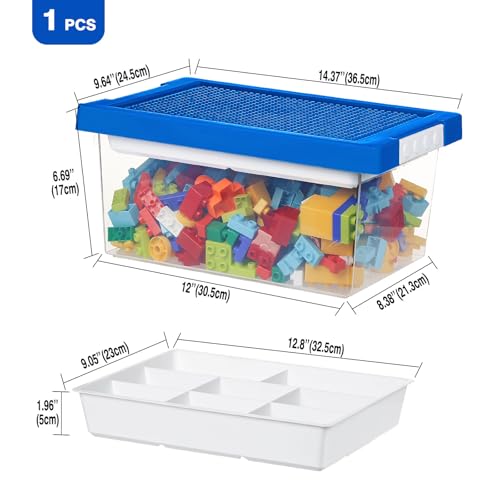 Stackable Plastic Storage Bin with Divided Tray & Building Block Baseplate Lid