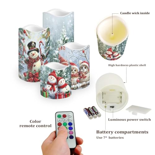 Cute Snowman Owl Flickering Flameless Candles with Remote - Battery LED Pillar Candles (4 Sizes)