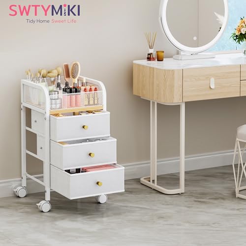 White 4-Tier Rolling Makeup Organizer Cart with 3 Drawers & 9 Compartments