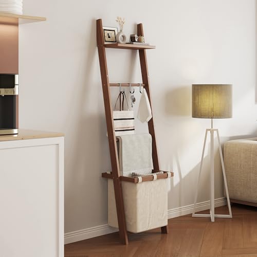 63-Inch Bamboo Blanket Ladder with Shelf, Fabric Basket, and 5 Hanging Hooks