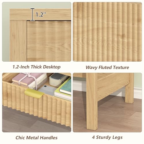 39-Inch Small Fluted Computer Desk with 2 Drawers, Oak Writing Desk