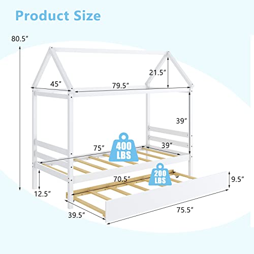 Twin Size House Bed with Trundle, Solid Wood Kids Platform Bed Frame