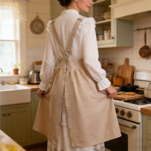 Cotton Linen Cross Back Apron with Pockets for Kitchen and Gardening