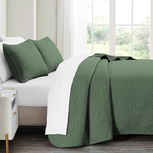 Olive Green Queen Quilt Bedding Set - 3-Piece Lightweight Bedspread Coverlet