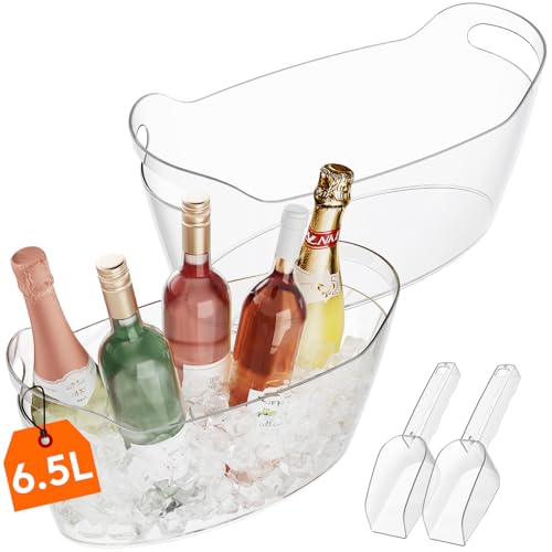 6.5L Plastic Ice Bucket with Scoop (2 Pack) - Clear Beverage Tub for Parties