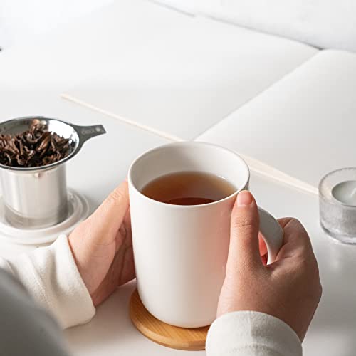 White Porcelain Tea Mug with Infuser, Lid & Coaster - 16oz CEFU