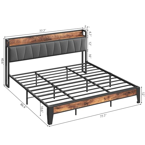 King Size Platform Bed Frame with Storage Headboard & Charging Station