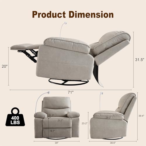 Oversized Swivel Glider Rocking Chair with Phone Holder & Recliner, Beige