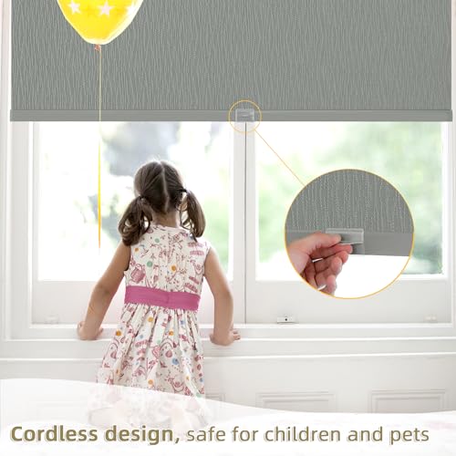 Cordless Blackout Roller Shades, 35" W x 72" H, Thermal Insulated Grey Striped Fabric