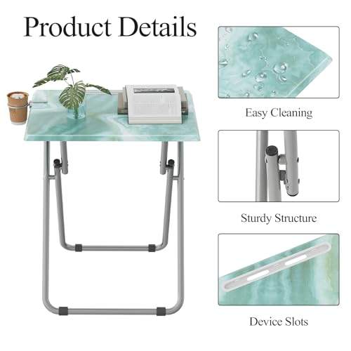 Folding TV Tray Table Set of 2 with Phone Slot, Sea Blue Marble, 25.6-inch