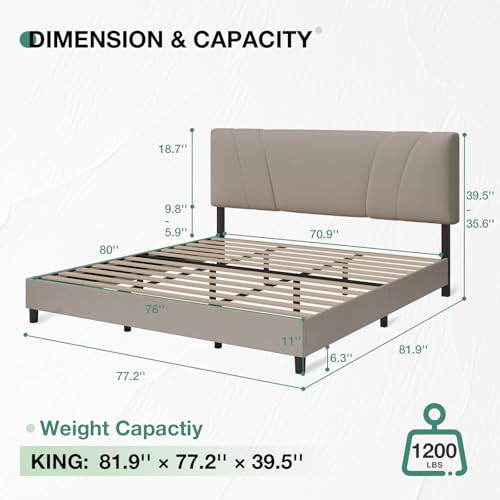 King Size Upholstered Platform Bed Frame with Adjustable Headboard, Beige