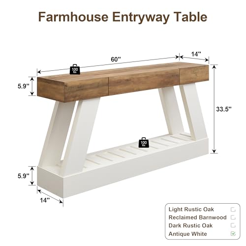 60-Inch Farmhouse Console Table with Drawer and Storage Shelf, Antique White