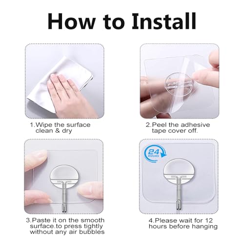 Clear Adhesive Wall Hooks Heavy Duty 13lb 12 Pack - No Drill Transparent Hooks