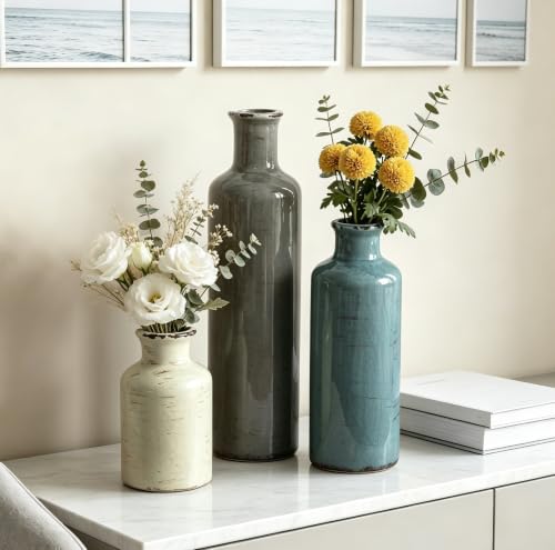 Ceramic Vases Set of 3 - Rustic Distressed Coastal Decor for Shelves & Tables