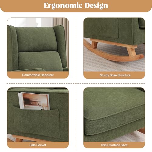 Modern Wingback Nursery Rocking Chair with High Backrest and Side Pocket