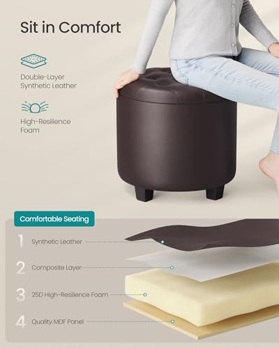 18-Inch Round Storage Ottoman - Tufted Synthetic Leather Footstool