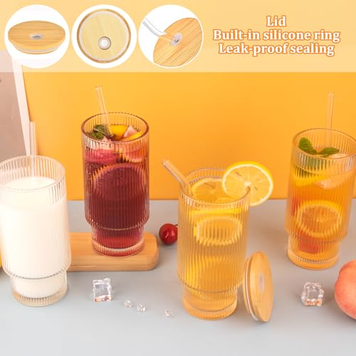 8-Piece Ribbed Glass Cup Set with Bamboo Lids and Straws, 11oz Stackable