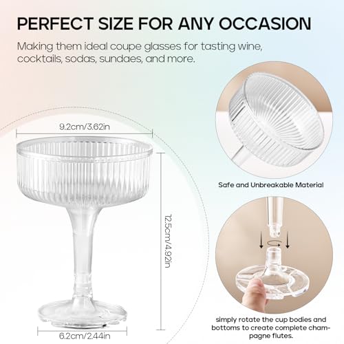 DORONAN Clear Plastic Champagne Tower Glasses 20 Pack, Unbreakable 7oz Coupe for Wedding & Party