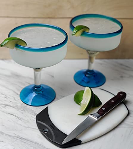 Set of 4 Mexican Hand Blown Margarita Glasses - 16 oz Aqua Blue Rims