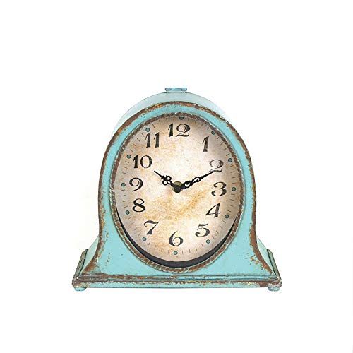 Distressed Aqua Blue Metal Mantel Clock with Wooden Base, 8.5-inch