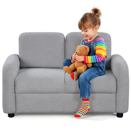 2-Seater Toddler Sofa with Teddy Fleece Upholstery and Wooden Frame