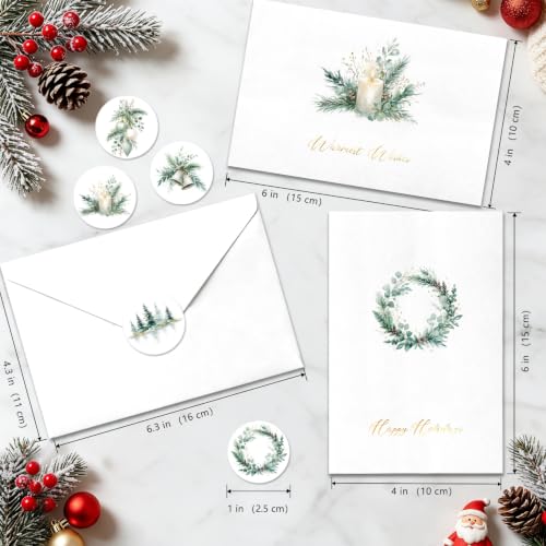 Roosyo 24 Pack Christmas Cards with Envelopes, 8 Watercolor Designs, Gold Foil, 4 x 6 in – Variation: 24 Pack Watercolor