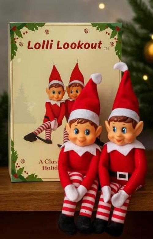 Lolli Lookout™ Christmas Elf Pair - Classic Plush Figurines | 14 Inch Red Holiday Shelf Sitters for Mantel Decor