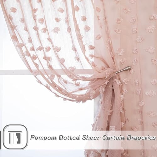 Pink Sheer Curtains with Pom Poms - 36x84 Inch Set of 2 Rod Pocket Drapes
