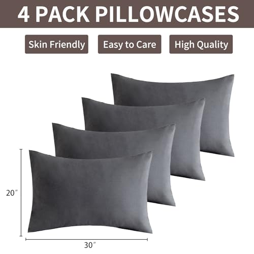 MINIPANDA Queen Pillowcase Set of 4 - Dark Grey Soft Microfiber (20x30 in)