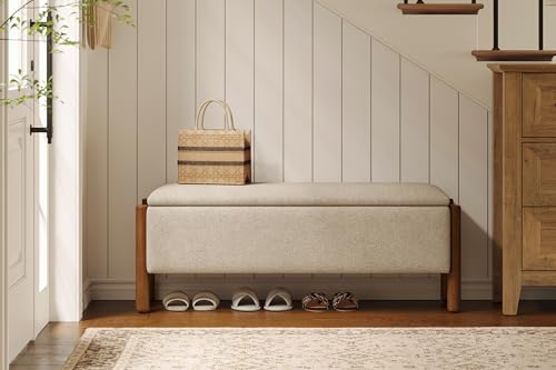 47-Inch Upholstered Storage Bench with Walnut Legs, Beige Ottoman Bench