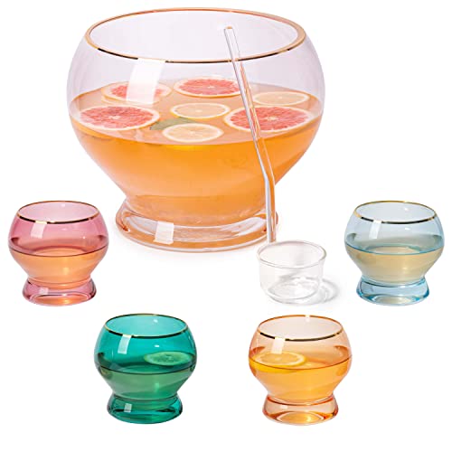 Colorful 1.7 Gallon Glass Punch Bowl Set with 4 Glasses and Ladle