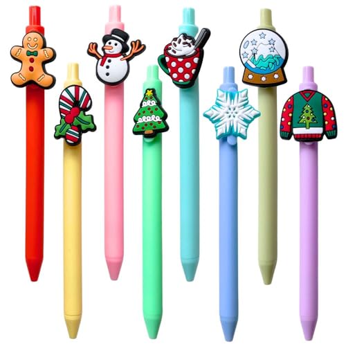 Christmas Pens 8-Pack Festive Holiday Stationery with Gingerbread Snowman & Candy Cane Tops - Office & Gift