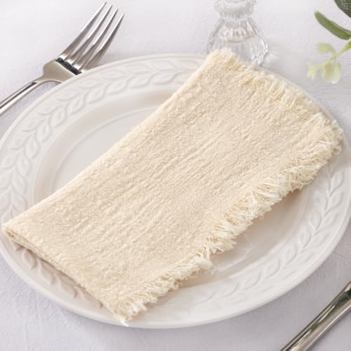 Beige 6-Pack Linen Cotton Dinner Napkins Fringe 17x17 for Wedding Party