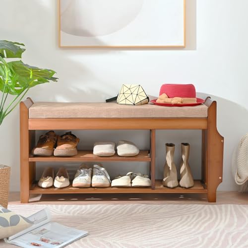 Bamboo Shoe Storage Bench with Hidden Drawer, Cushion, and Side Holder