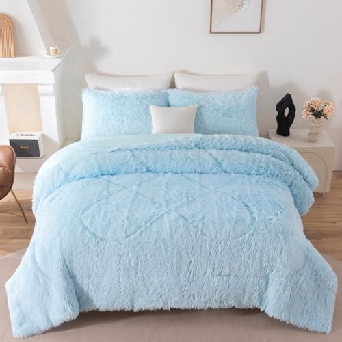 3-Piece Twin Faux Fur Comforter Set - Soft Fluffy Bedding in Light Blue