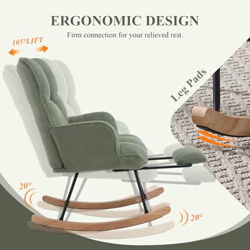 Teddy Fabric Nursery Rocking Chair with Footrest and Side Pocket - Green