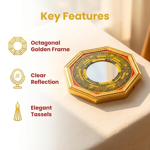 Feng Shui Bagua Mirror Set with Five Emperor Coins & Brass Wu Lou - Outdoor Home Protection & Wealth