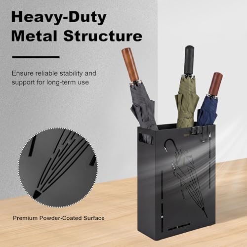 Metal Umbrella Stand with Drip Tray and 4 Hooks, Rectangular Entryway Holder