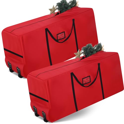 Wesnoy 2 Pcs 7.5 ft Christmas Tree Storage Bags with Wheels - Red Zip + Handles