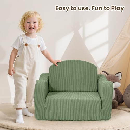 2-in-1 Fold Out Kids Sofa Chair, Washable Corduroy Foam Couch