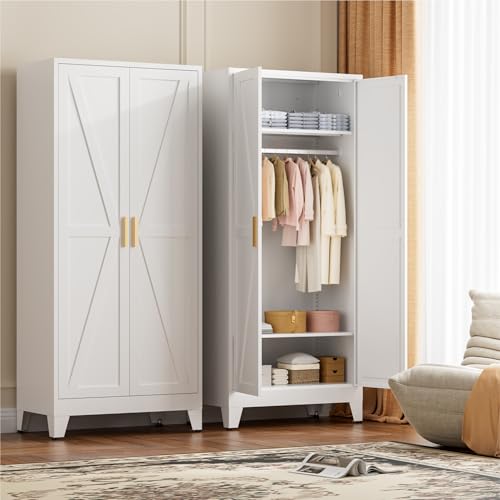71-Inch Metal Wardrobe Closet with Adjustable Shelves and Hanging Rod