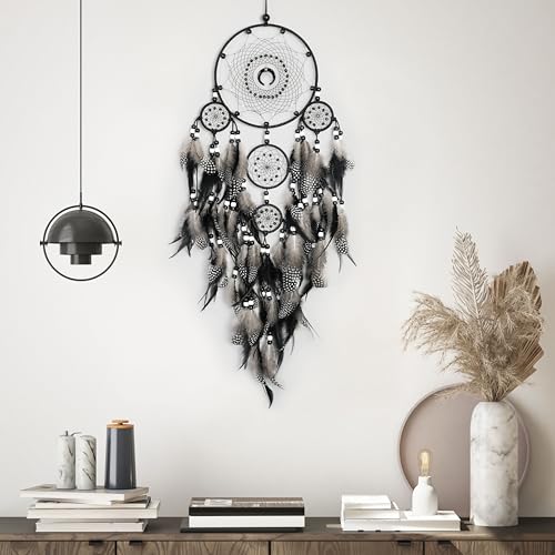 Large Black Dream Catcher Wall Decor with Tree of Life and Natural Feathers