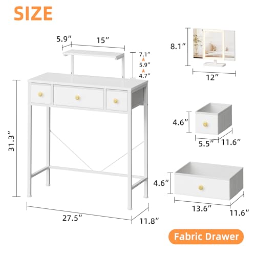 Small Makeup Vanity Desk with Lighted Tri-Fold Mirror and 3 Drawers