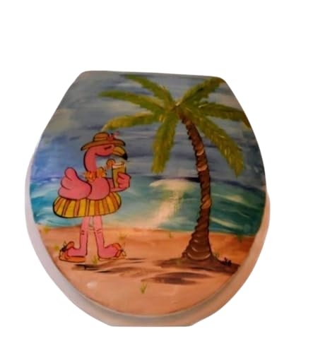 Hand Painted Flamingos Beach Toilet Seat - Sealed White Bathroom Accessory