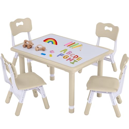 GITAWUSA Toddler Table & 4 Chairs Set, Height Adjustable, 31.5x23.6 Beige, Kids Play & Study