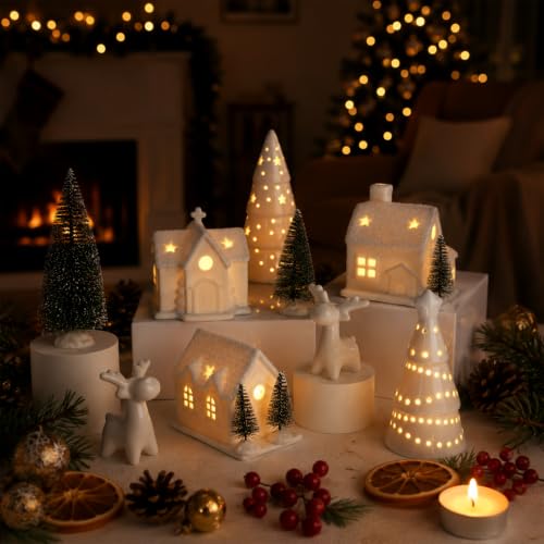 12-Piece White Ceramic Christmas Village Set with Light-Up Houses and Trees